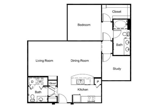 Floor plan for 1 bed, 2 baths, 1056 sqft